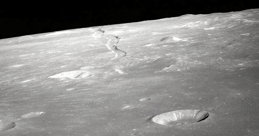 A high forward oblique view of Rima Ariadaeus on the Moon, as photographed by the Apollo 10 astronauts in May of 1969