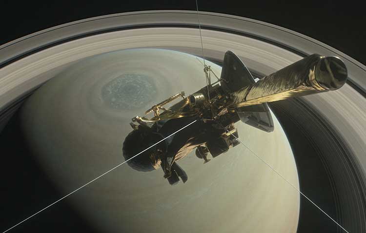 This illustration shows NASA's Cassini spacecraft above Saturn's northern hemisphere