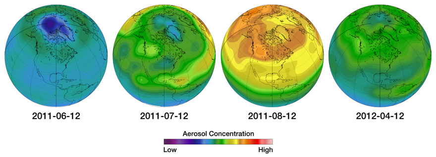 Illustration of an aerosol concentrations over Canada following the Nabro Volcano eruption