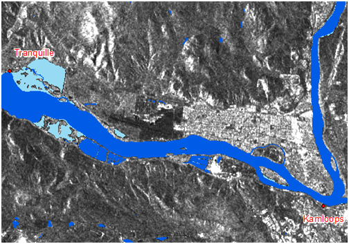 Map of flooding in the western region of Kamloops.