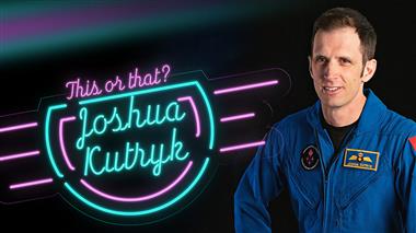 Portrait of Joshua Kutryk in CSA's Flight suit inviting you to get to know him better.