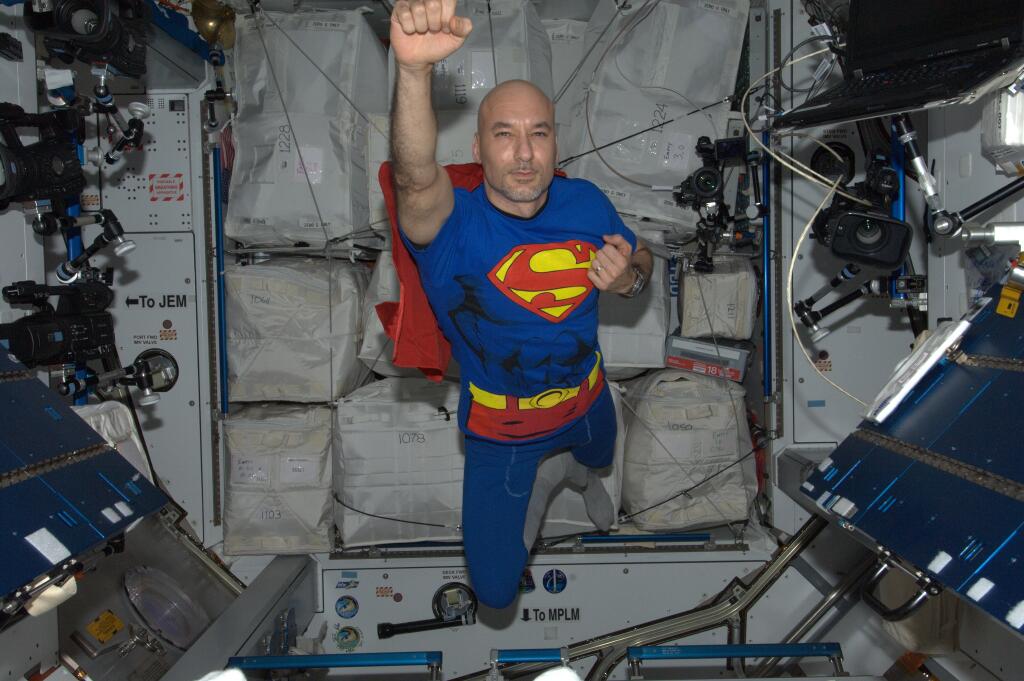 Luca Parmitano dressed up as Superman for Halloween aboard the ISS