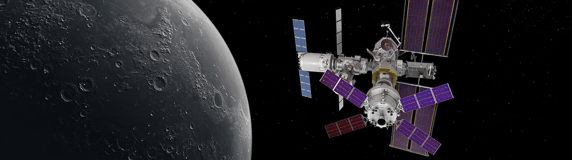 An artist's concept of the Gateway where Canadarm3 is visible