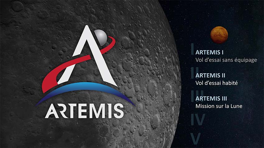 Le logo du programme Artemis figure devant la Lune en gros plan. Mars est au loin.