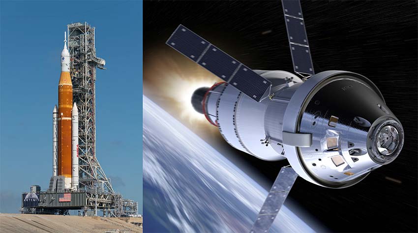 Left: A rocket stands on a launch pad. Right: Artist rendition of Orion hurtling through space.