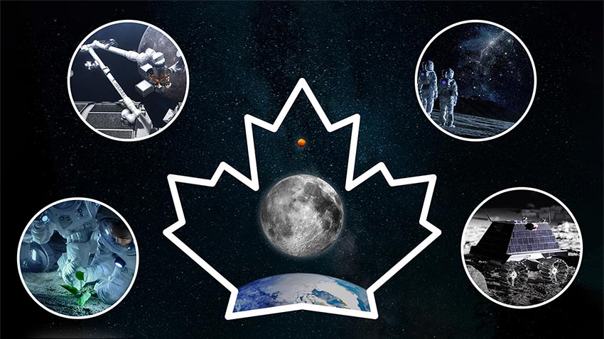 A maple leaf, with images of the Earth, Moon, and Mars inside it. Around it we see Canadarm3, astronauts, lunar rover, and a plant on the Moon.