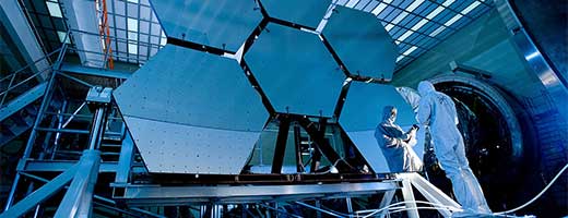 Mirror segments of the James Webb Space Telescope undergoing cryogenic tests at the Marshall Space Flight Center.