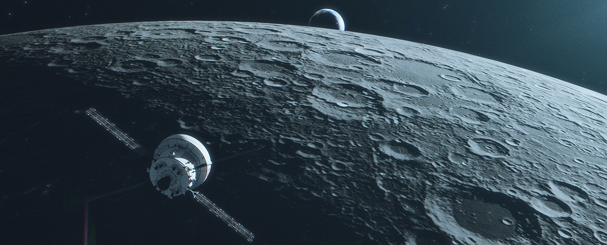 An artist's concept of the Orion spacecraft flying over the Moon