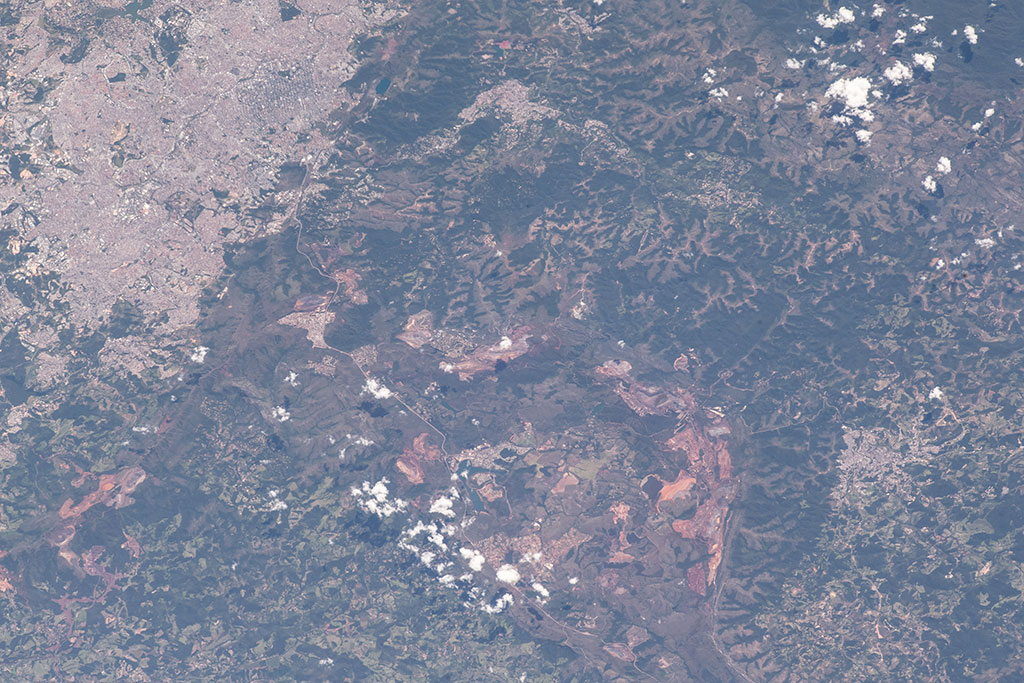 On January 25, a tailings dam collapsed at an iron ore mining site in the town of Brumadinho in southeastern Brazil. This photo of the area was taken by an astronaut aboard the International Space Station on February 2, 2019. The landslide is visible in the bottom right corner. (Credit: NASA)