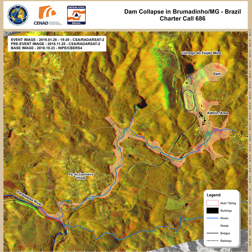 On January 25, a tailings dam collapsed at an iron ore mining site in the town of Brumadinho in southeastern Brazil. Collapsing shortly after noon, the dam released a mudflow that buried the site's cafeteria where workers were eating lunch before engulfing houses and roads in a nearby community. Images from several satellites, including Canada's RADARSAT-2, were combined to create this map to help first responders on the ground. (Credit: Map produced by CENAD; CBERS-4 © INPE 2019; RADARSAT-2 Data and Products © Maxar Technologies Ltd. (2019) - All Rights Reserved. RADARSAT is an official mark of the Canadian Space Agency)