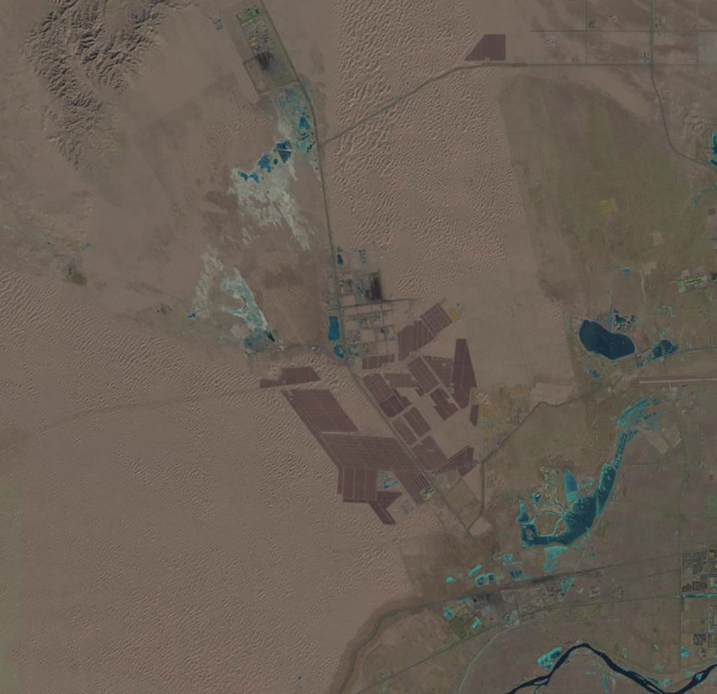 Tengger Desert Solar Park, in Zhongwei, China, is currently the largest solar plant in the world. (Credit: USGS/NASA Landsat)