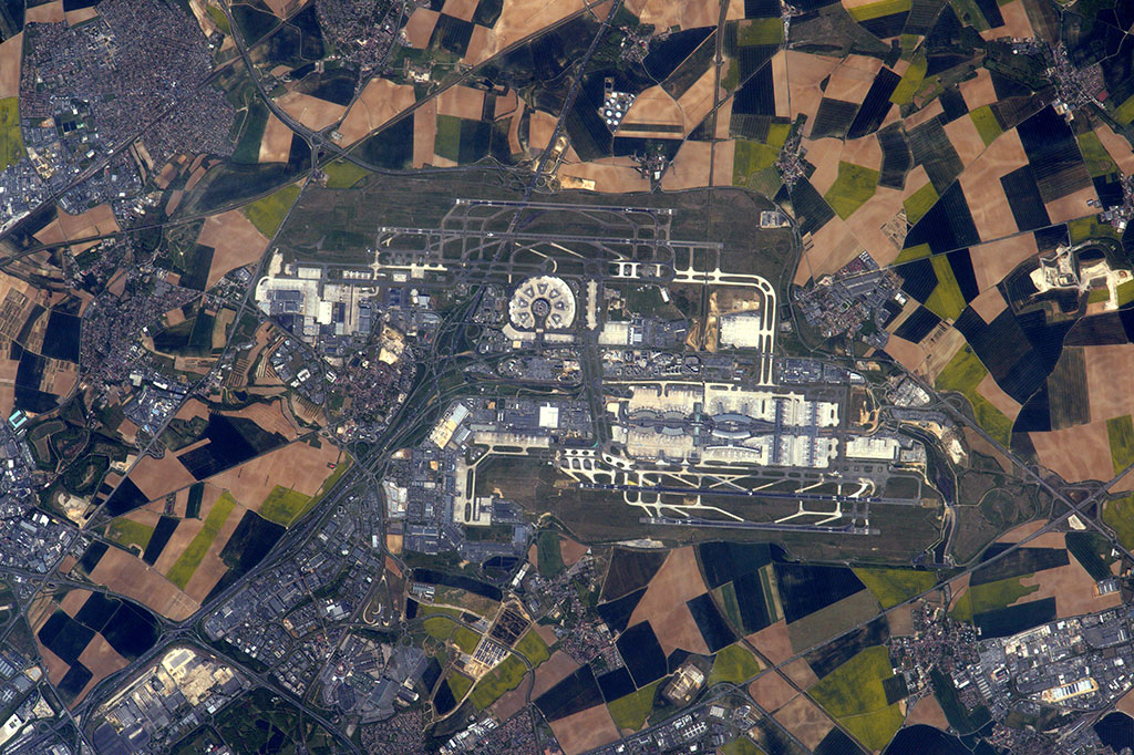 The Roissy-Charles-de-Gaulle Airport in Paris, France, photographed by European Space Agency astronaut Thomas Pesquet (also a pilot) from the International Space Station. (Credit: Thomas Pesquet/European Space Agency)