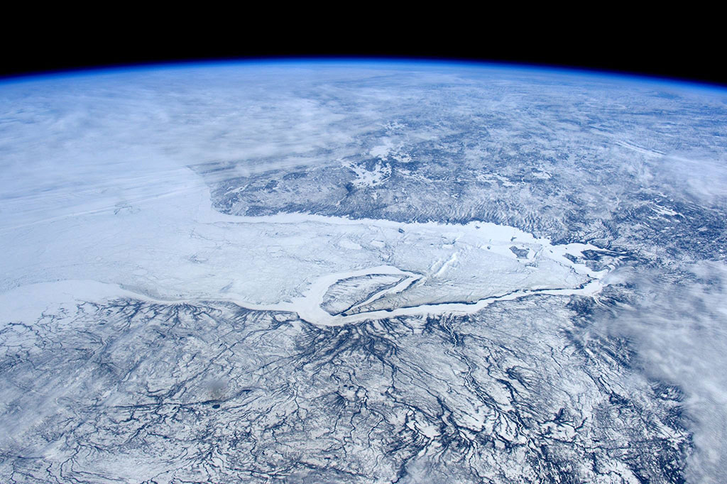 Early spring photo of sea ice melting in James Bay taken by British astronaut Tim Peake. (Credit: European Space Agency/Tim Peake)