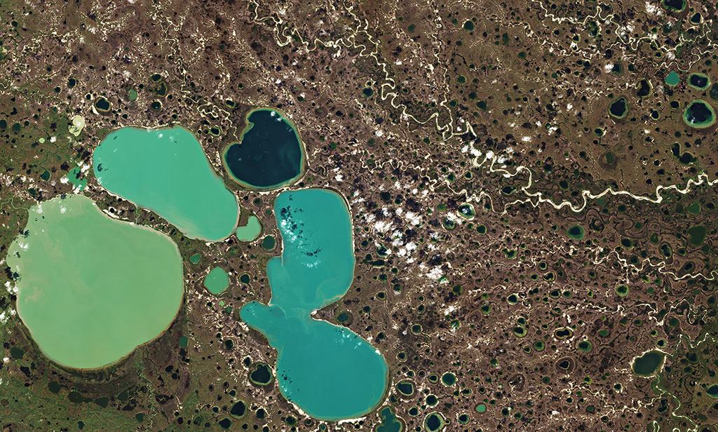 Ponds resulting from thawing permafrost in the Yamal Peninsula in Siberia captured by the Copernicus Sentinel-2 mission. (Credit: European Space Agency)