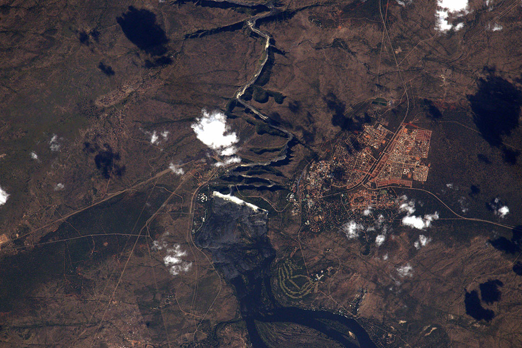 Victoria Falls, at the border of Zambia and Zimbabwe, is very hard to spot from space eventhough it is roughly twice the height of Niagara Falls. French astronaut Thomas Pesquet was able to capture this photo from the International Space Station. (Credit: Thomas Pesquet/European Space Agency)