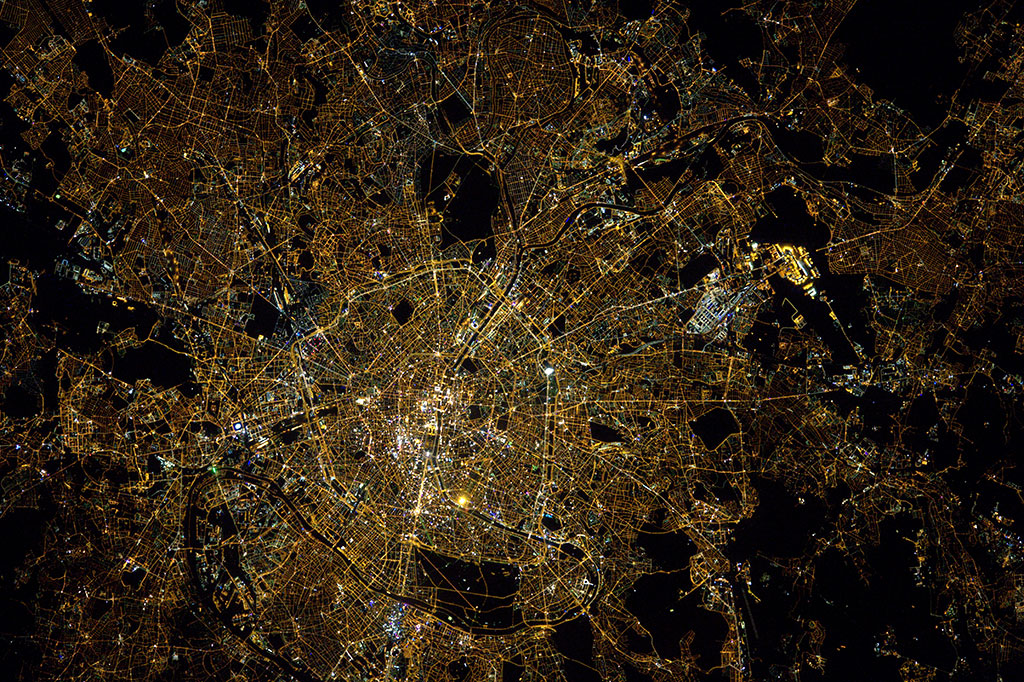 Paris, the city of lights! Clear signs of urbanization, such as roads, bridges and street lights, are visible in this photo taken at night by French astronaut Thomas Pesquet from the International Space Station. (Credit: European Space Agency/NASA)