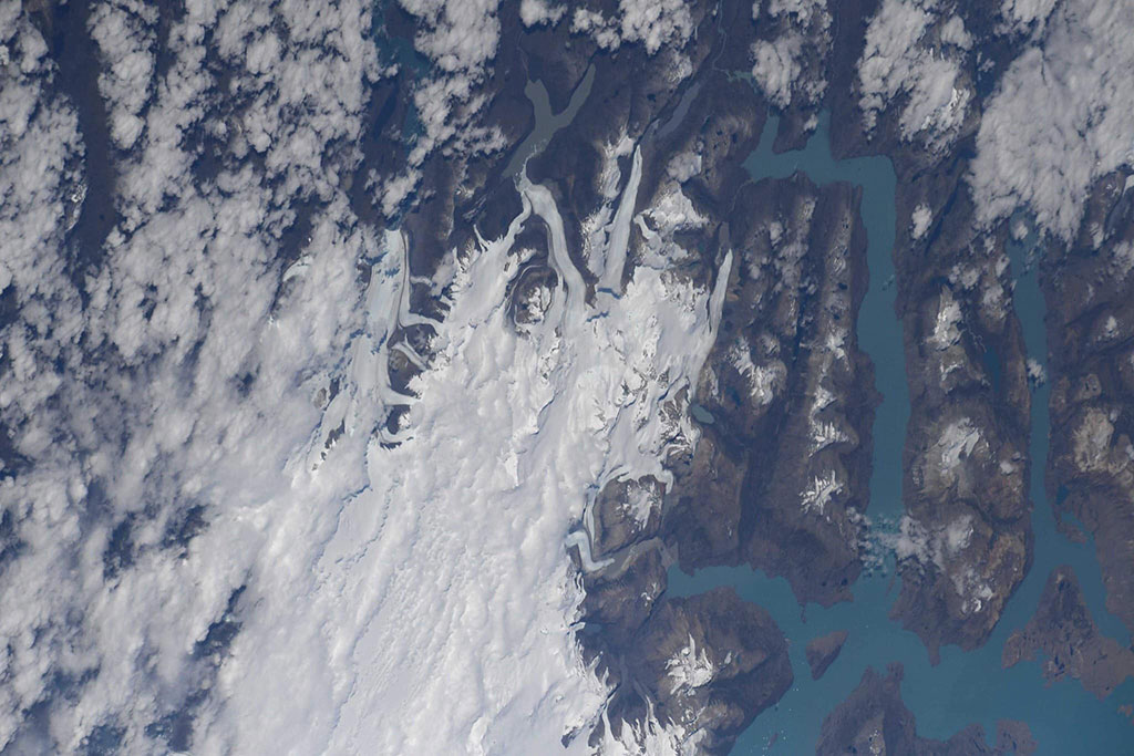 Giant glacier fields of Southern Chile, like tongues of ice snaking down valleys. This photo was taken by David Saint-Jacques from the International Space Station. (Credit: Canadian Space Agency/NASA)