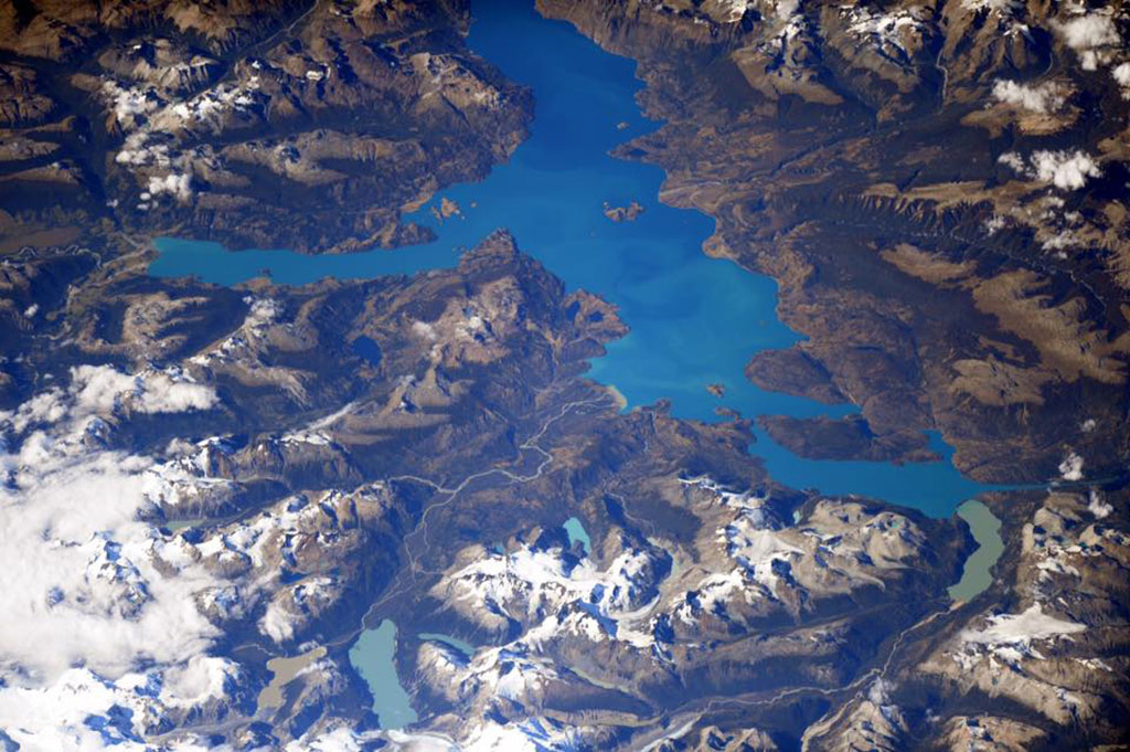 Glaciers and lakes of Patagonia, a region shared by Argentina and Chile, photographed from the International Space Station. (Credit: NASA)