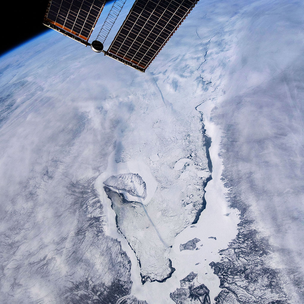Sea ice is taking over James Bay in this photo taken by David Saint-Jacques from the International Space Station. Akimiski Island seems on the verge of being grabbed by a giant ice hook. (Credit: Canadian Space Agency/NASA)