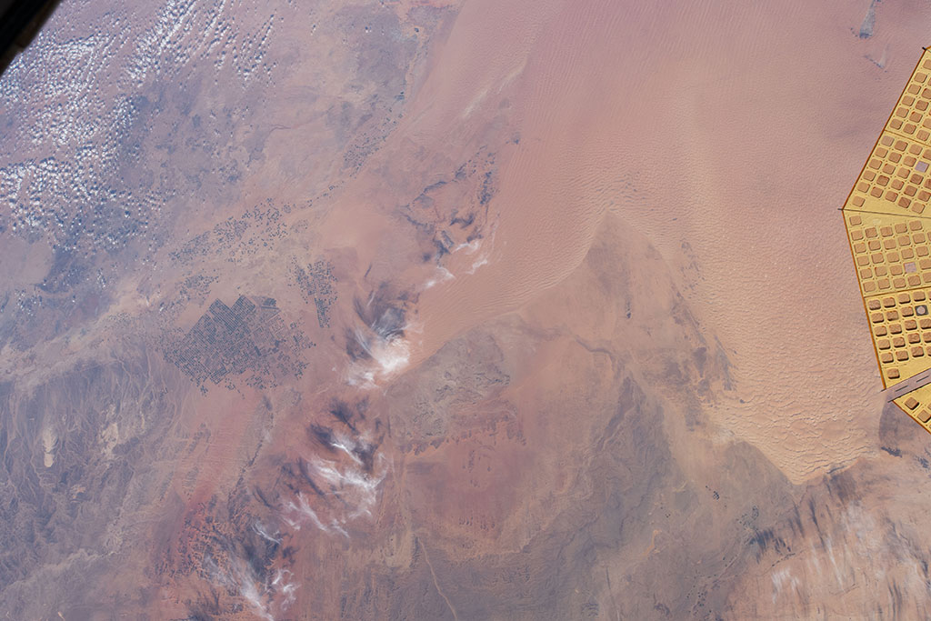 Picture of irrigated lands in the desert of Saudi Arabia taken by David Saint-Jacques during his space mission. (Credit: Canadian Space Agency/NASA)