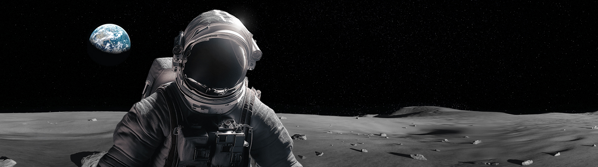 Artist's concept of an astronaut on the Moon, with Earth in the distance, above the horizon.