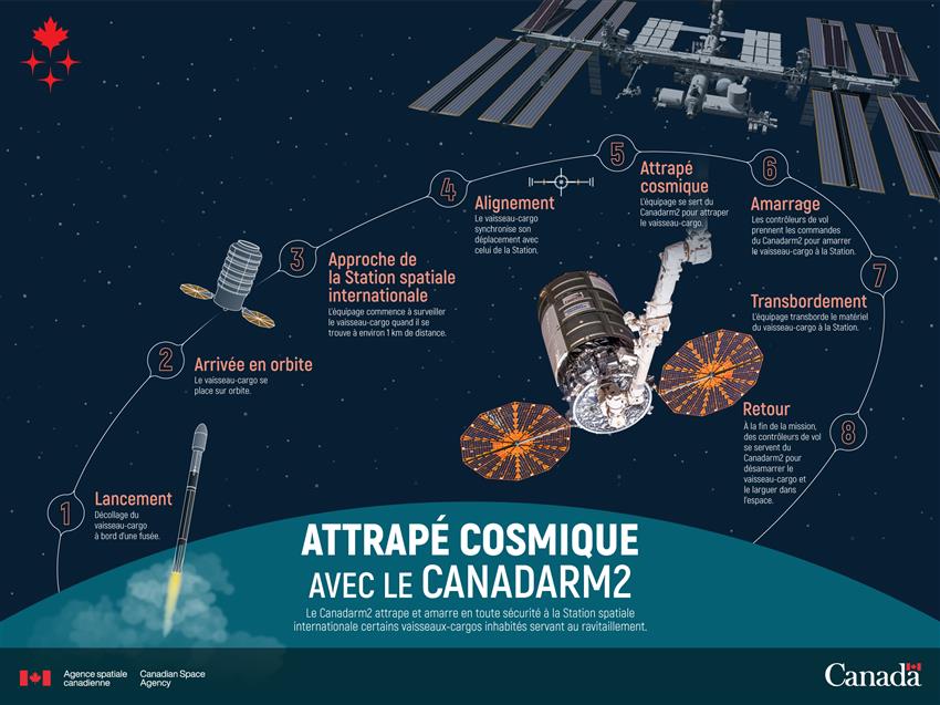 Infographie sur l'attrapé cosmique d'un vaisseau-cargo inhabité avec le Canadarm2.