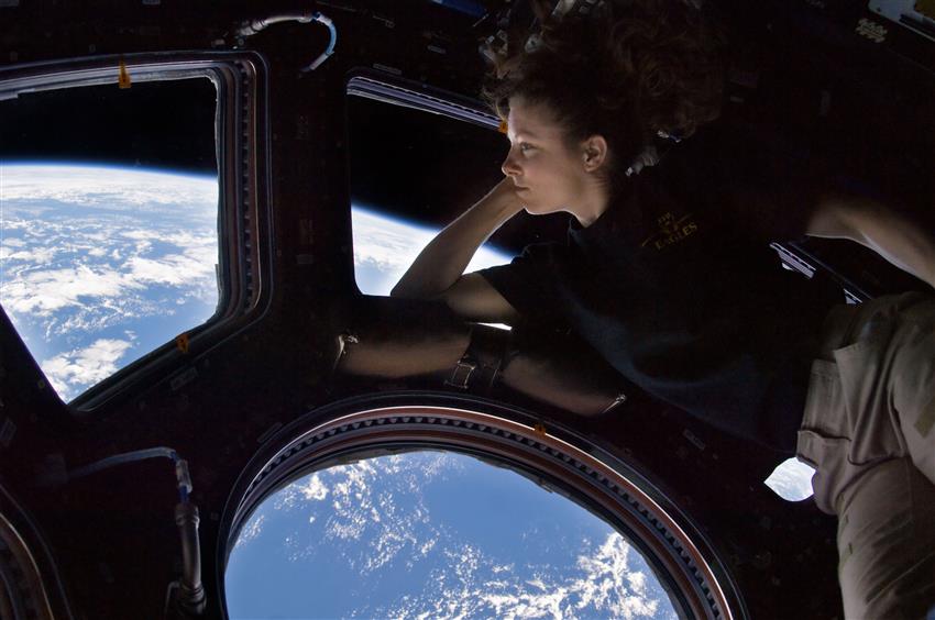 Astronaut Tracy Caldwell Dyson gazing at the Earth