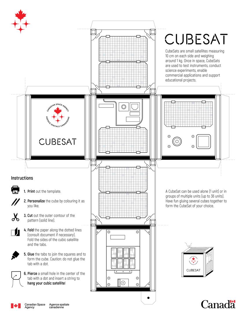 Illustration of a model of a small cubic satellite, along with assembly instructions.