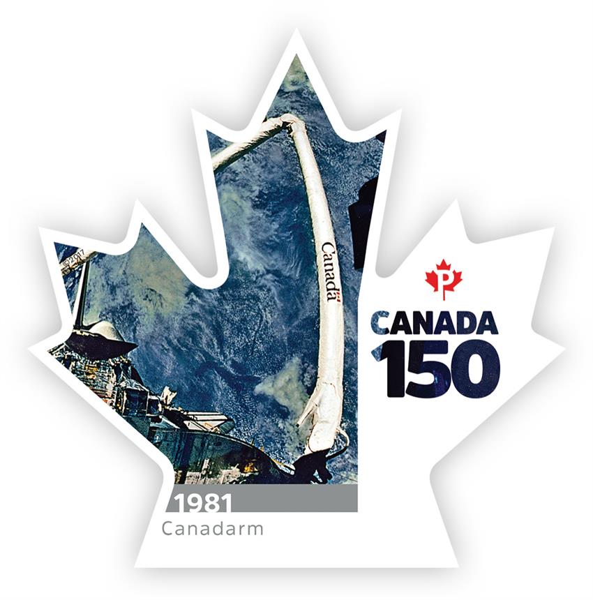 Maple-leaf shaped stamp featuring Canadarm, and the words 1981 Canadarm and Canada 150.