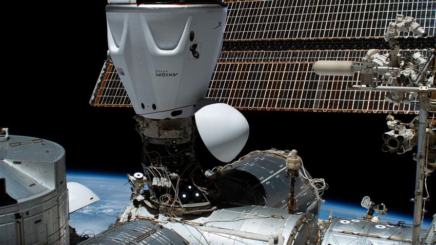 Close-up of the spacecraft docked to the station.