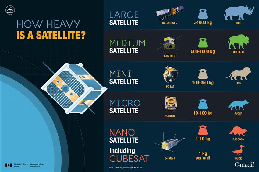 Chart of the approximate weight of satellites launched into space, according to their category