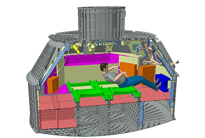 Computer-generated image that shows a person and the position of the flywheel inside the Orion capsule.