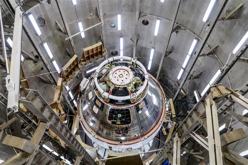 A spacecraft seen inside an altitude chamber.