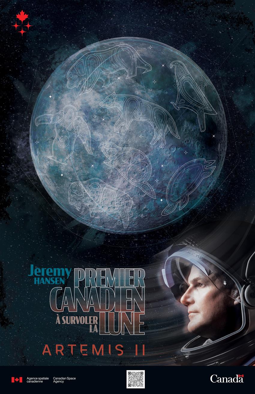 Affiche présentant une image stylisée de la pleine lune, ainsi que Jeremy Hansen portant un casque spatial.