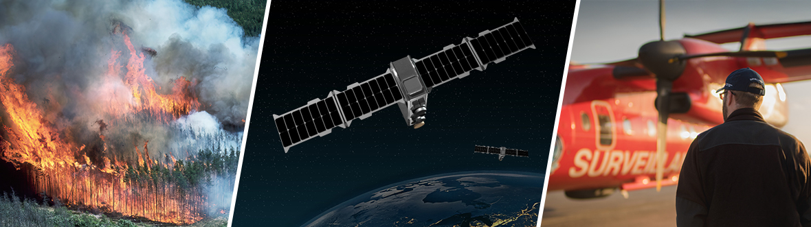 Wildfires burning with thick smoke, visual rendering of a satellite over Earth, and person near a surveillance aircraft.